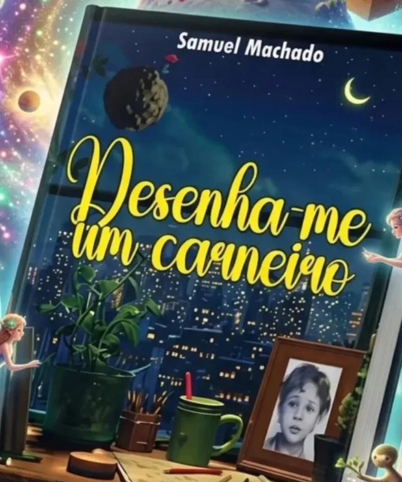 A capa de Desenha-me um carneiro, de Samuel Machado: um céu noturno com a lua e o asteroide