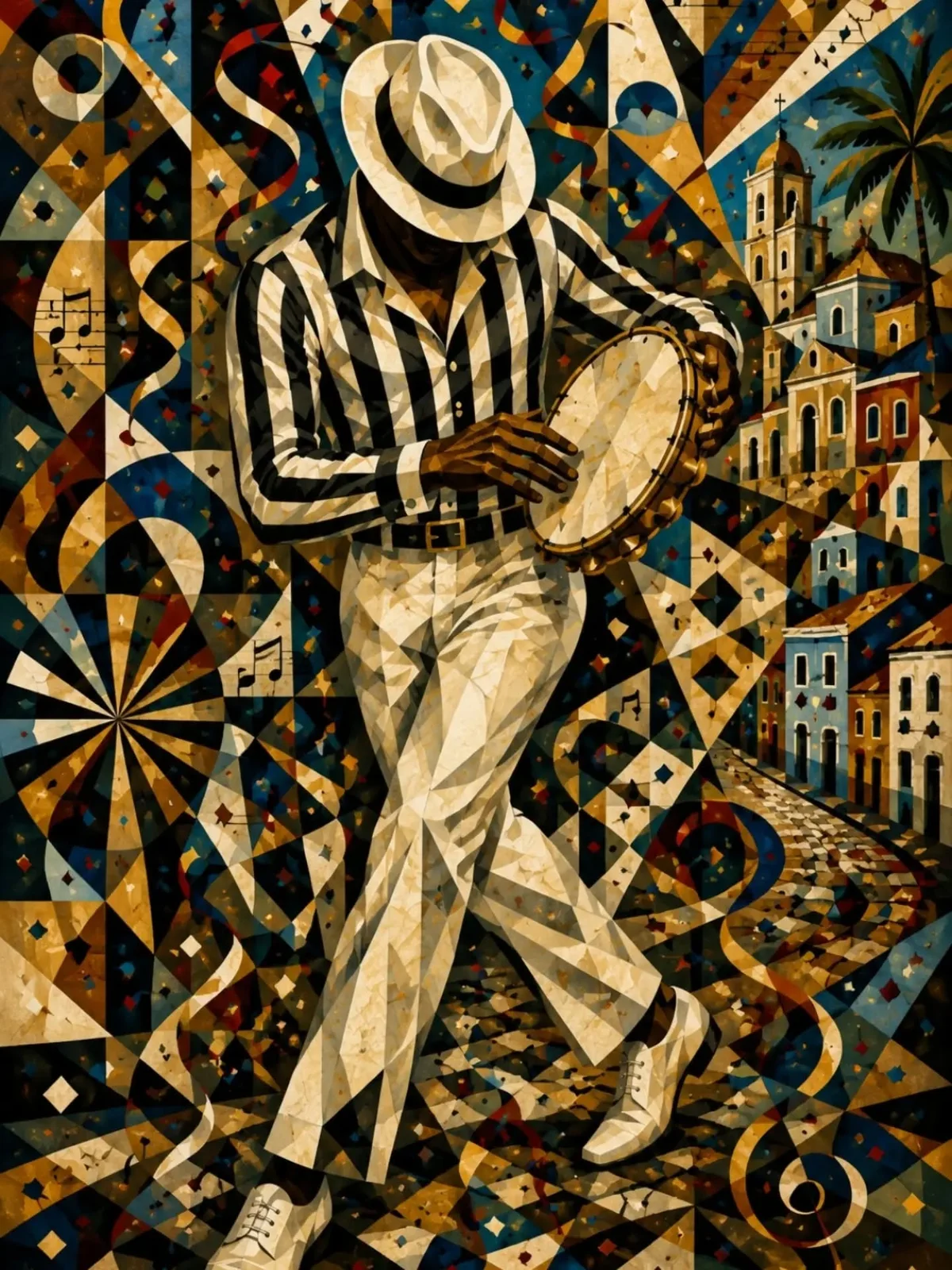O sambista: o homem de chapéu e camisa listrada com o pandeiro, entre fachadas coloridas, em facetas de ouro e azul